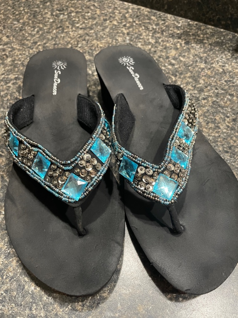 Sun Dancer Black Thong Sandals with Turquoise Square Gems